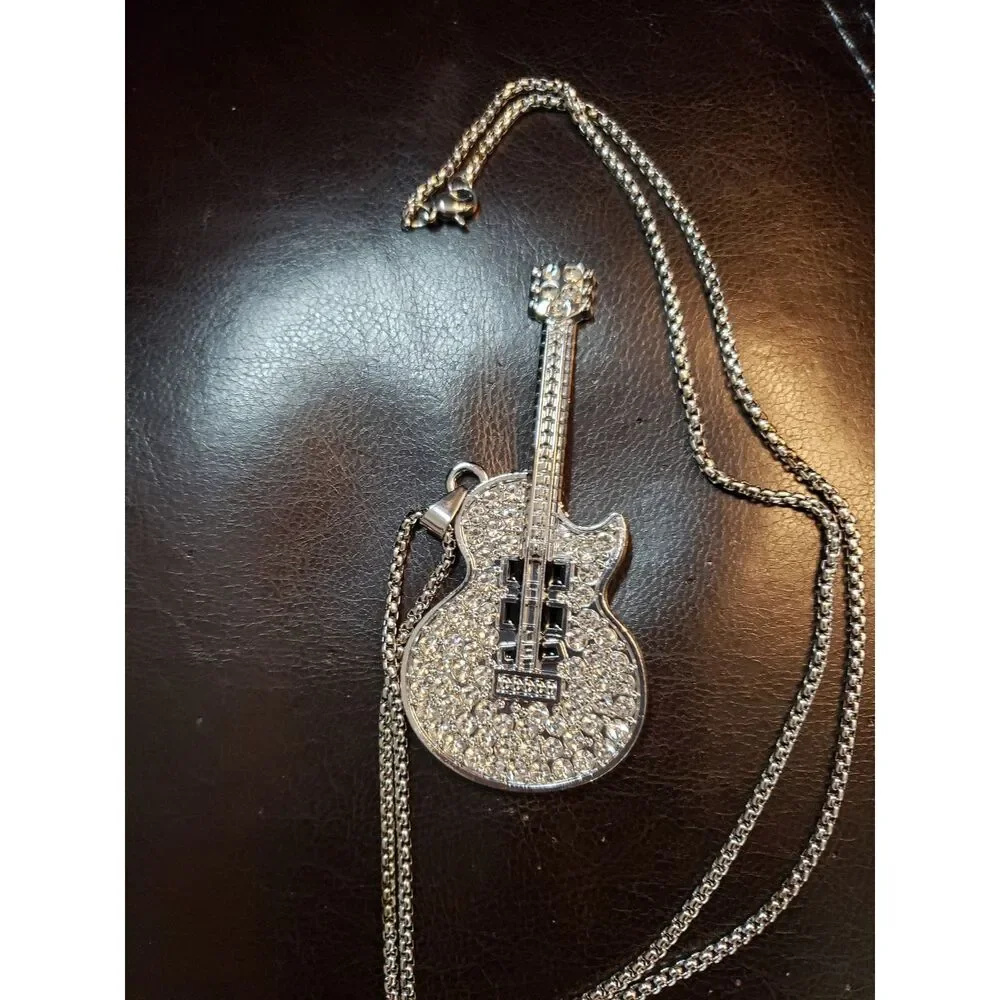 Large Silver ICED Rhinestone Guitar Necklace Men Women Teens